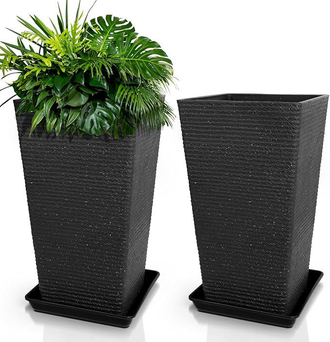 Tall Black Planter Set of 2 for Outdoor Indoor Plants,21.3in Large Tapered Plant Pots with Drainage Trays Holes,Resin Extra-Thick Flower Pots for Outdoor Patio Front Porch Backyard Decor