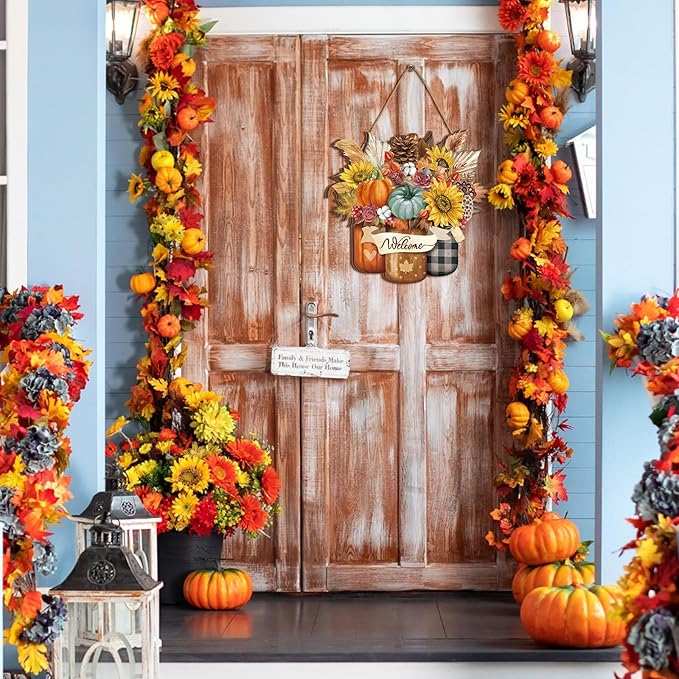 Boao Welcome Fall Door Decorations Thanksgiving Sign Hanging Decoration Wall Hanger Masquerade Carnival Wreath for Outdoor Farmhouse Porch Front Door Decor