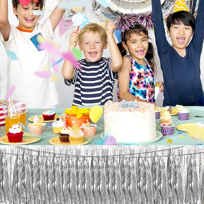 4P Silver Foil Fringe Metallic Tassel Streamers Banner Tassel Garland for Parade Floats, Bachelorette, Wedding, Birthday, Halloween, Christmas, Bridal/Baby Shower Party Decorations