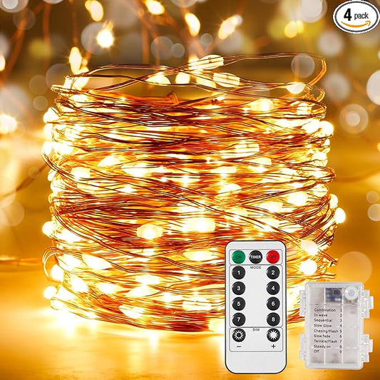 4 Pack 32.8 Ft. Battery Operated Outdoor String Lights with Remote & Timer, LED Warm White Fairy Lights, Waterproof Twinkle Lights for Bedroom, Dorm, Mason Jar, Wedding, Party, Christmas