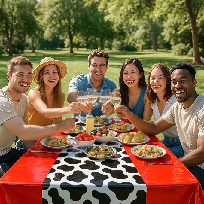 6 Pack 108 x 54 Inch Cow Print Tablecloth Cow Plastic Table Cover Birthday Party Table Cloth Disposable Plastic Farm Animal Party Cover for Disco Cowgirl Decorations Supplies Red