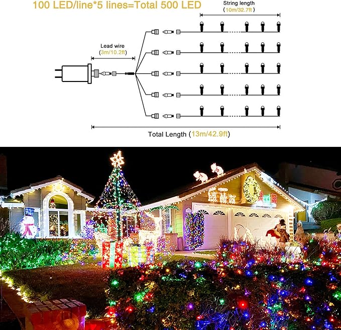 JMEXSUSS 500 LED Christmas Lights Outdoor Waterproof, Multicolor Christmas Tree Lights Plug in, 8 Modes Twinkle Fairy String Lights for Indoor Xmas Wedding Party Garden Decoration