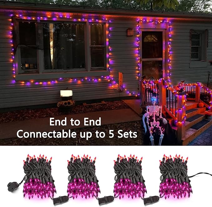 Brizled Orange & Purple Halloween Lights, 100 Count Connectable, UL Certified Incandescent String Lights, Black Wire Mini Lights Set for Indoor/Outdoor Halloween Party Decor