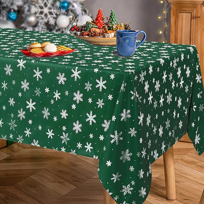 LUSHVIDA Christmas Tablecloth Rectangle - Green 60x84 inch Snowflakes Foil Print Pattern Washable Wrinkle Resistant Holiday Tablecloths for Christmas Family Gathering, Dining Room Table 130GSM