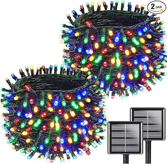 Multicolor Solar String Lights Outdoor Waterproof 2PK 200LED 66FT Twinkle Lights Auto On/Off Solar Powered LED Fairy Light Green Wire with 8 Modes for Christmas Tree Party Decorations (Multicolor)
