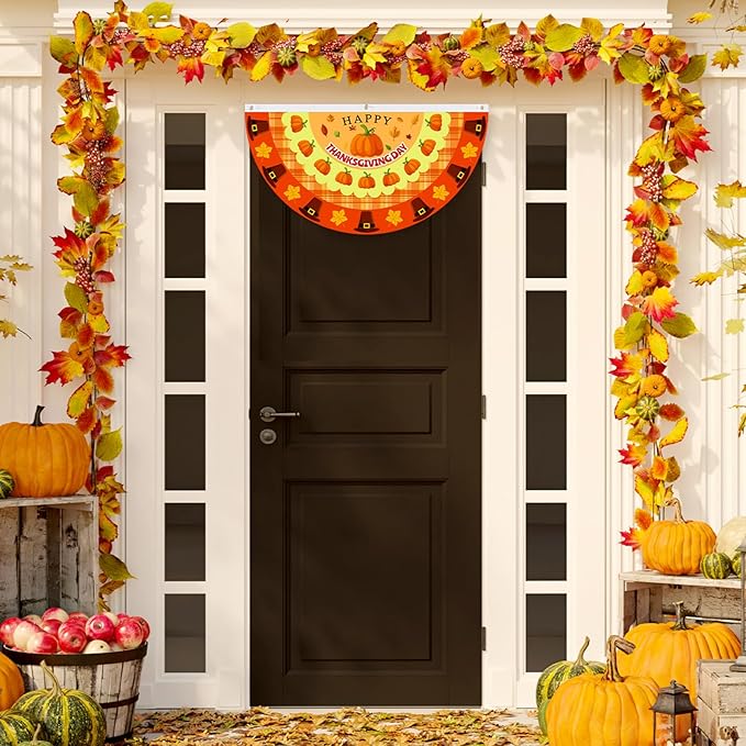 Lounsweer 12 Pcs Halloween Bunting Fan Flag for Outside 3 x 1.5 ft Fall Thanksgiving Bunting Flag Outdoor Pumpkin Ghost Turkey Seasonal Half Fan Banner for Autumn Halloween Christmas Porch Yard Decor