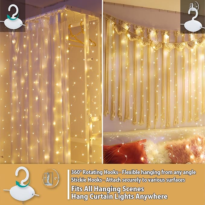 HXWEIYE 300LED Fairy Curtain Lights, 9.8x9.8Ft Warm White USB Plug in 8 Modes Christmas String Hanging Lights with Remote for Bedroom, Indoor, Outdoor, Weddings, Party