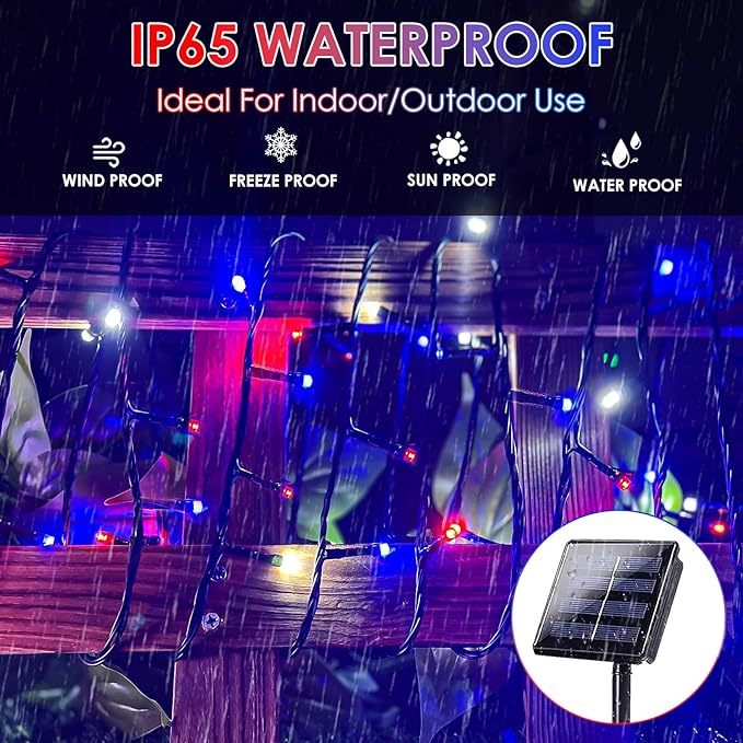 4th of July Decorations Outdoor, 4pk Red White and Blue Solar String Lights, 400LED 132FT LED Patriotic Light Waterproof, Solar Fairy Twinkle Light for Independence Day Yard Garden Tree Decorations