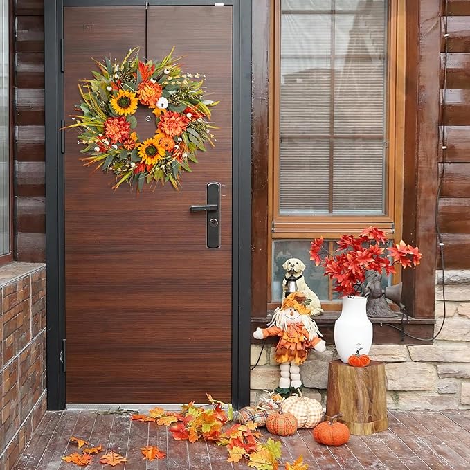 Fall Wreaths for Front Door 24 Inch Fall Wreath with Pumpkins, Sunflowers & Berries – Outdoor Autumn Wreath for Porch, Thanksgiving, Halloween & Harvest Decor