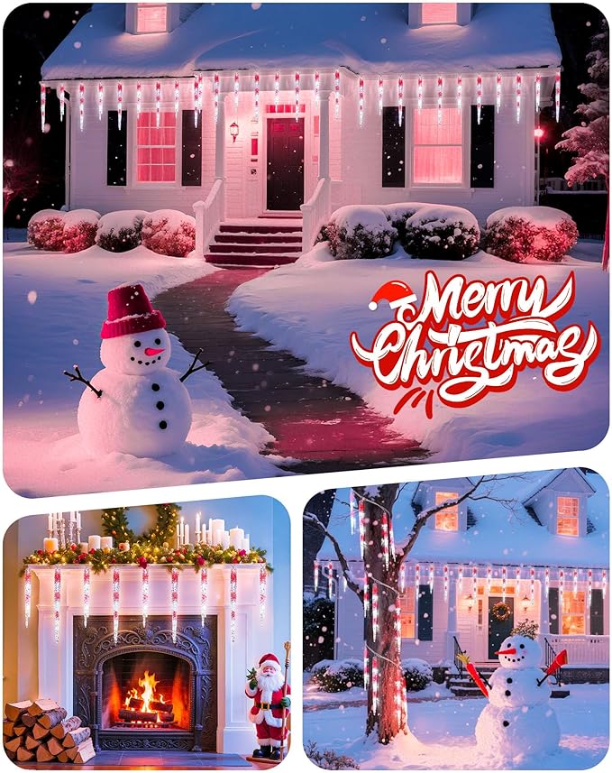 Minetom Icicle Lights Outdoor with Clips, 20ft 100 LED 20 Tubes Twinkling Crystal Icicle String Lights, Connectable Waterproof Hanging Christmas Decorations Plug in for Outdoor, Red and White