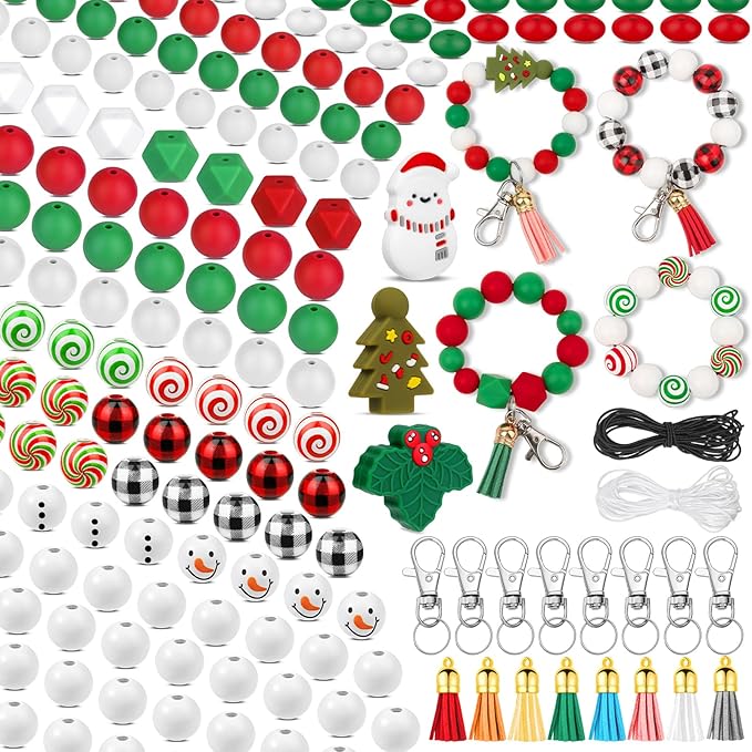 217 PCS Christmas Silicone Beads Bulk, 15mm Silicone Beads Xmas Christmas Wooden Beads Candy Cane Wood Beads Loose Rubber Beads Abacus Focal Beads for Keychain Necklace Making Pens Crafts Ornament