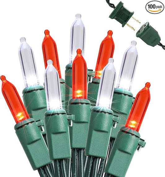 Brizled Red & White Christmas Lights, 33ft 100 LED Christmas Tree Lights, 120V UL Listed Mini String Lights Connectable, Plugin LED Xmas Lights, Indoor Christmas Lights for Outdoor Party Home Decor