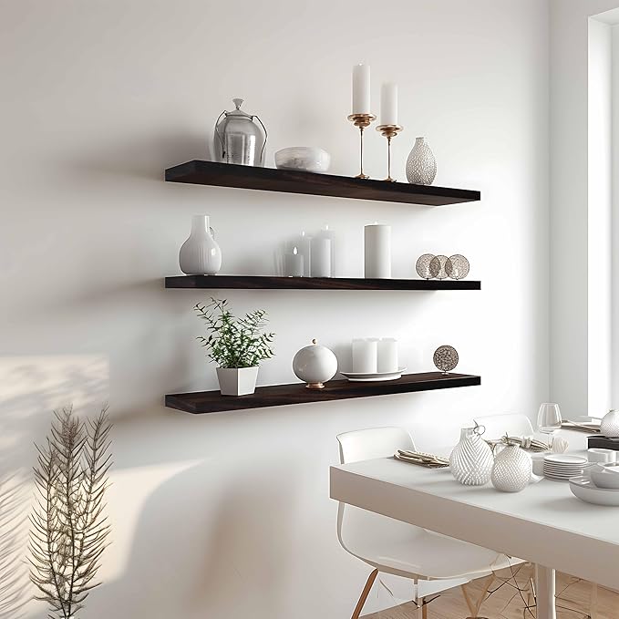 Wood Floating Shelves for Wall Decor, Rustic Wall Shelves for Bedroom Bathroom Kitchen Living Room, Set of 4 Walnut 36 Inch