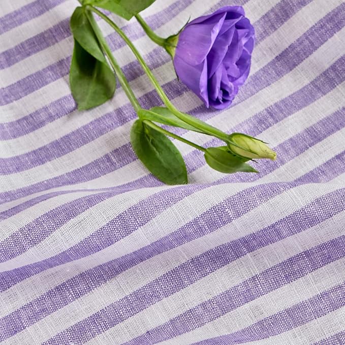 Solino Home Linen Striped Tablecloth 60 x 90 Inch - 100% Pure Linen Violet and White Table Cloth for Rectangle Tables - Amalfi Stripe, Machine Washable Tablecloth