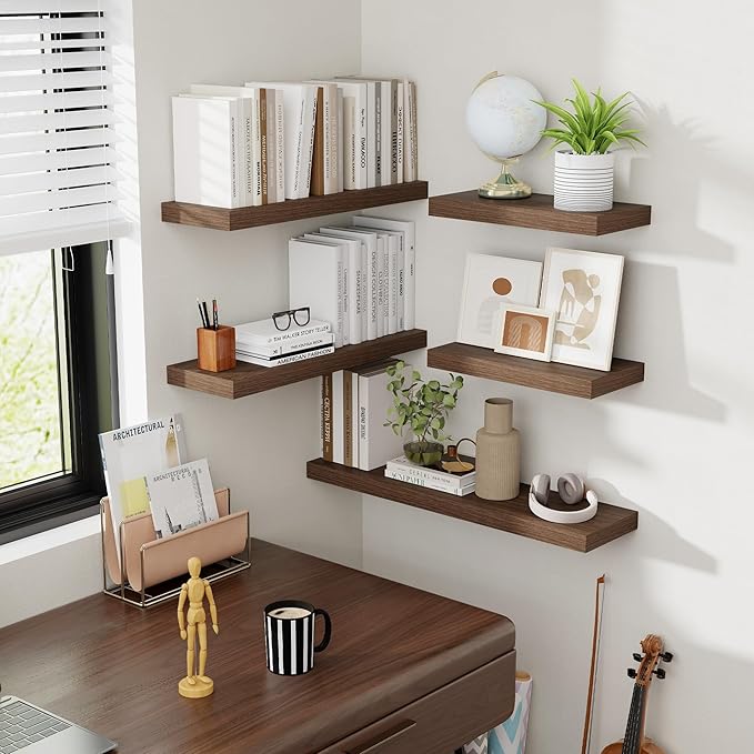 30 Inch Floating Shelves, 8 Inch Deep Floating Shelves for Wall, Hanging Shelf with Invisible Brackets, Deep Shelves for Bathroom, Bedroom, Living Room, Walnut, Set of 2