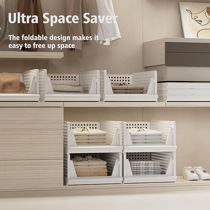 4 Pack Stackable Plastic Storage Basket Closet Organizer Bin Foldable Clothes Organizer Storage Drawer Shelf Container for Living Room Bathroom Kitchen Office (4S)