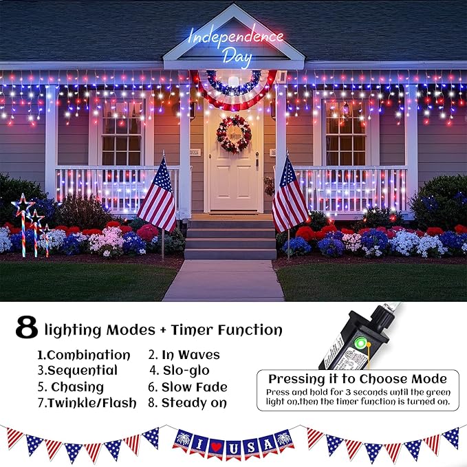 Red White and Blue Lights for 4th of July Decor, 33ft Icicle Lights for Outside Independence Day Decoration, 400 LED Christmas Light Outdoor Indoor with 120 Drops Clear Wire Connectable for Holiday