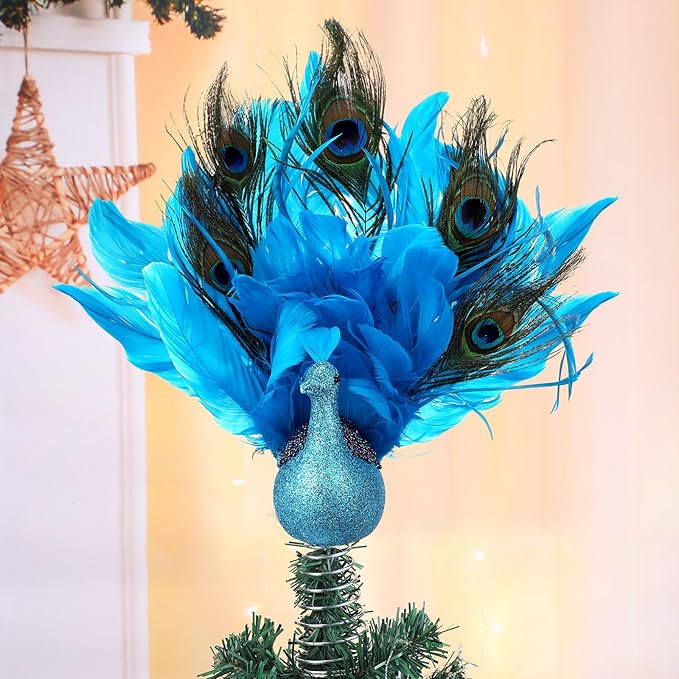 Retisee 15-Inch Christmas Peacock Tree Topper - Artificial Feather Glitter Blue Ornament for Indoor Outdoor Tree Home Decor