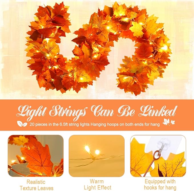 Joyhalo 6 Pack Fall Garland with Lights, Fall Leaves for Mantle, Outdoor Lighted Up Leaf Garland Autumn Decor with 6.5FT LED String Lights, Hanging Maple Leaves for Door, Thanksgiving Decor