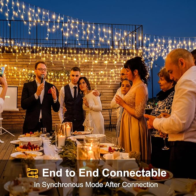 Icicle lights Outdoor - 33ft Christmas Lights with 400LED 75 Drops 8 Modes, Plug in Curtain String Lights Waterproof for Holiday Wedding Party Home Garden Bedroom Indoor Decoration, Warm White