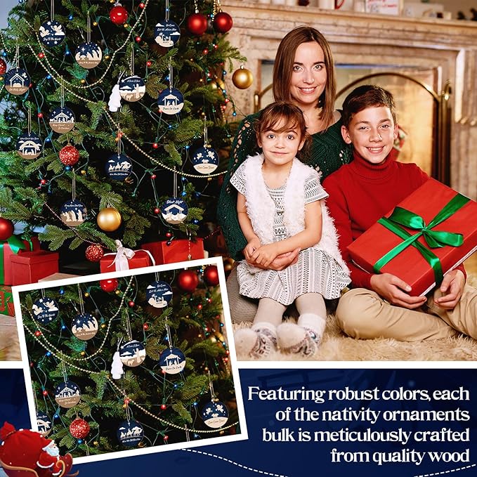 Soaoo 60 Pcs Nativity Scene Christmas Tree Ornament Christian Religious Ornaments Bulk Round Nativity Xmas Tree Hanging Wooden Decorations for Garden Yard Outdoor Home(Classic Style)