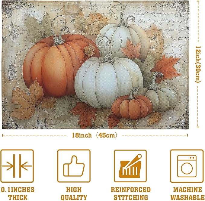 Fall Pumpkin Placemats Set of 4 Vintage Autumn Maple Leaf Seasonal Place Mats 12x18 Inch Thanksgiving Farmhouse Linen Fabric Table Mats for Party Kitchen Dining Outdoor Indoor Decor