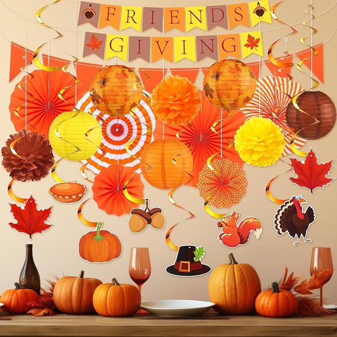 28 Pcs Fall Party Decoration Thanksgiving Party Supplies Include Friends Giving Banner Autumn Paper Lanterns Pom Pom Hanging Fans Bunting Garland Swirl Streamers for Thanksgiving Harvest