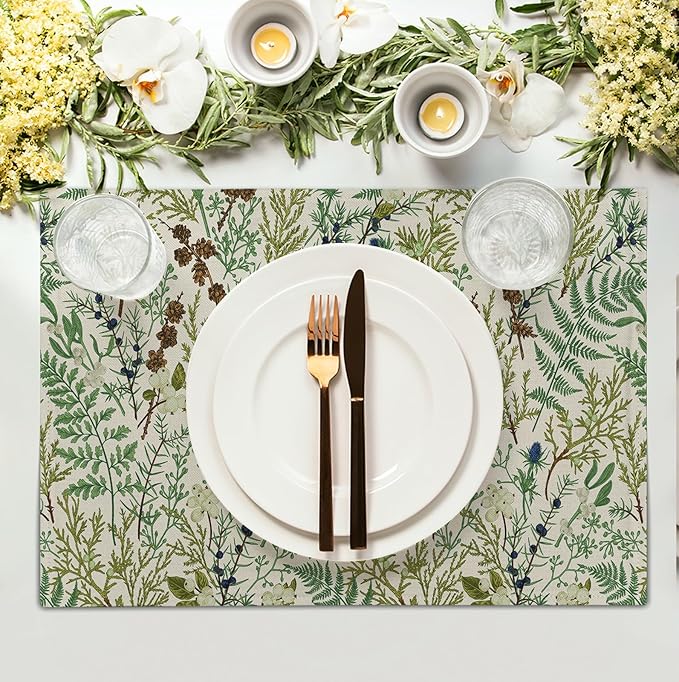 Sage Green Botanical Floral Placemats Set of 4 Vintage Tropical Herbs Fern Leaves Place Mats 12x18 Inch Seasonal Plant Spring Summer Linen Fabric Table Mats for Party Kitchen Dining Decor