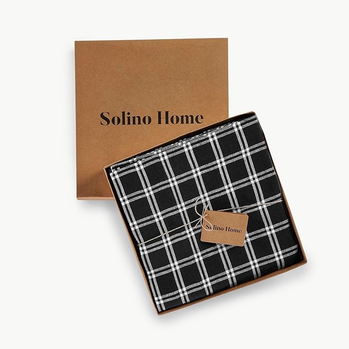 Solino Home Linen Tablecloth 60 x 90 Inch - 100% Pure Linen Marseille Plaid Black Table Cloth for Rectangle Tables - Machine Washable Tablecloth for Fall, Autumn, Halloween, Thanksgiving