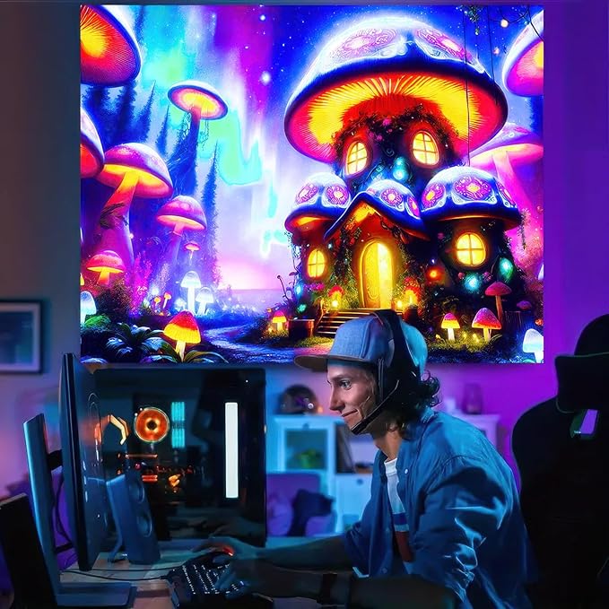 BlissYard Black Light Tapestry Uv Reactive Tapestry Glow Tapestry 78x59 Inches Enchanted Mushroom Village Wall Hanging, Fluorescent Art Decor with Glowing Mushrooms, Forest, and Fantasy Elements