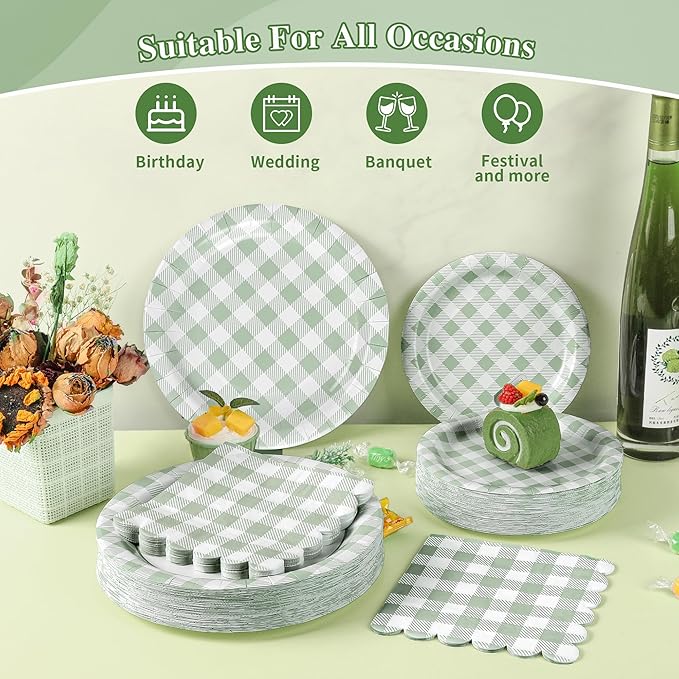 200Pcs Sage Green Gingham Party Supplies Gingham Paper Plates and Napkins Cups Sage Plaid Plates Disposable Green and White Plaid Party Decor for Birthday Family Picnic BBQ,Serves 50 Guests