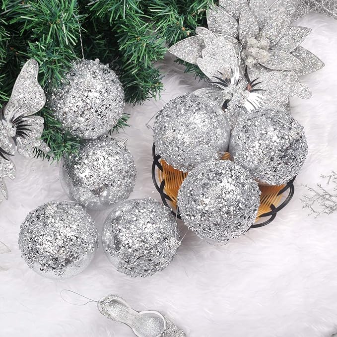 4" Christmas Ball Ornaments, 4pc Set Silver Shatterproof Christmas Decorations Tree Balls for Xmas Trees Wedding Party Holiday Decorations