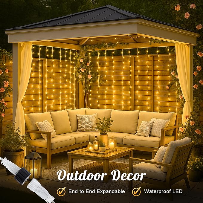HEYFUNi 304 LED Curtain Lights Outdoor, 9.8Ft*9.8Ft Hanging String Lights Plug in with 8 Modes, Connectable Curtain Fairy Lights for Bedroom, Dorm, Christmas, Wall, Backdrop, Wedding Decor, Warm White
