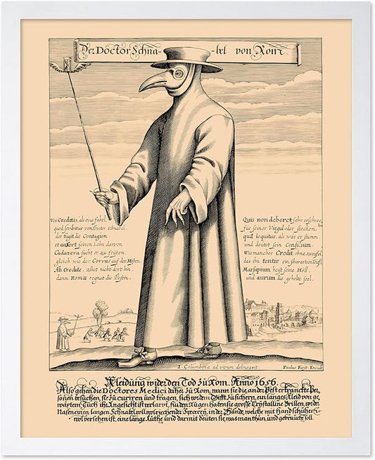 Poster Master Vintage Medieval Poster - Retro Illustration Print - Gift for Friend - Plague Doctor, Pandemic Mask, Physician, Black Death - Wall Decor for Home, Living Room, 11x14 White Framed