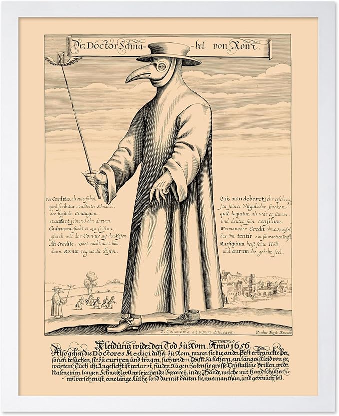 Poster Master Vintage Medieval Poster - Retro Illustration Print - Gift for Friend - Plague Doctor, Pandemic Mask, Physician, Black Death - Wall Decor for Home, Living Room, 16x20 White Framed