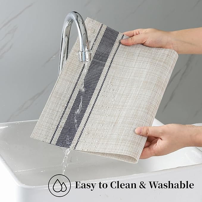 Leetaltree Khaki-Blue Placemats, Heat Resistant Non-Slip Place mats for Dining Table, Washable Durable PVC Vinyl Woven Table Mats (Set of 8)