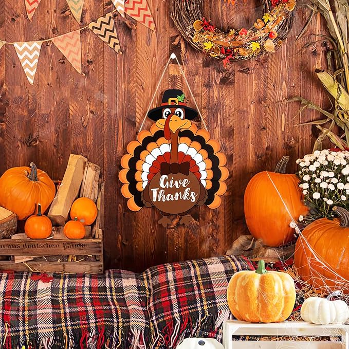 Thanksgiving Decoration Wooden Turkey Pumpkin Door Wreath for Front Door Sign Wall Signs, Thankful Blessed Grateful Pumpkin Sign Hanging for Fall Autumn Harvest Home Halloween Decoration
