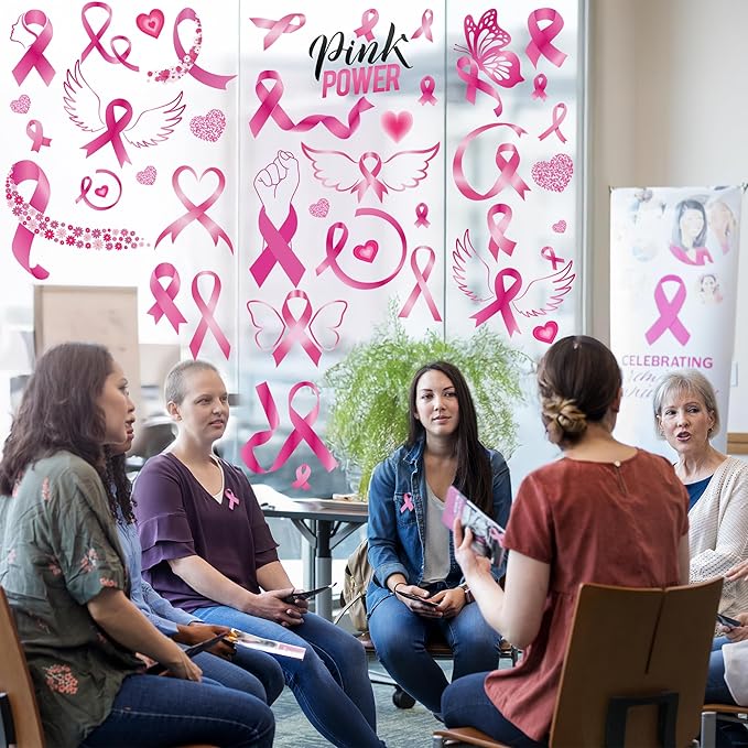 9 Sheets Breast Cancer Awareness Window Clings, 77 Kinds of Pink Window PVC Stickers for Pink Ribbon Decorations, Hope Fight Cancer Theme Windows Decals for Glass Home Decor Supplies