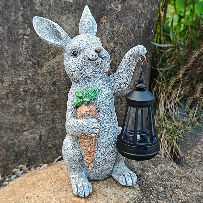 Garden Statues Rabbit Solar Lantern Outdoor Handmade Resin Statue Bunny with Cute Carrot for Patio, Yard,Mother's Day Gift Ideas (rabbit1)