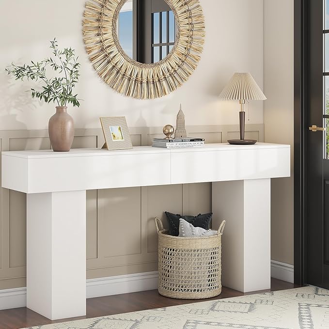 63 Inch Long Console Table for Entryway, Farmhouse Wood Rectangular Sofa Table Behind Couch Table, Narrow Entryway Table for Living Room, Entrance, Hallway, Foyer, Easy Assembly (Classic White)