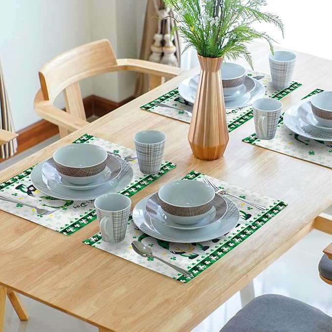 St Patricks Day Placemats Green Gnome Gold Coin Shamrock Placemats Set of 4 Buffalo Plaid Spring Holiday Linen Place Mats for Kitchen Dining Party Table Home Decoration Size 12x18 Inches