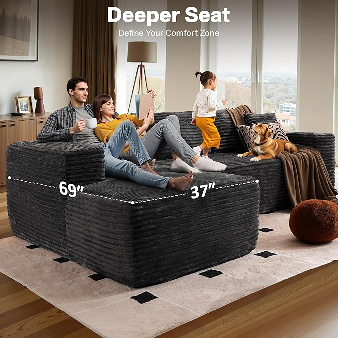 104" Cloudy Sectional L Shaped Couch for Living Room, No Assembly Required, Modular Comfy Sofa with Deep Seat, Fluffy Couch with Sleeper Chaise for Apartment Lounge (Grey)