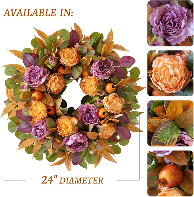 24 Inch Fall Wreath for Front Door - Autumn Wreath with Peony, Maple Leaves, Berries - Farmhouse Thanksgiving Halloween Decor for Porch, Front Door, Indoors & Outdoors - Rustic Harvest Home Decor