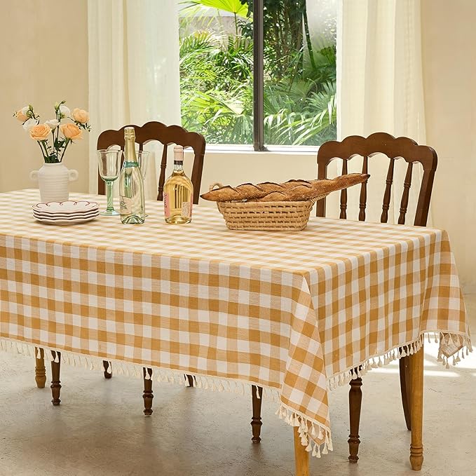 Table Cloth Rectangle Table-Rustic Gingham Tablecloth Buffalo Plaid Table Cloth for Spring Summer Kitchen Dining Room (55x84 Inch,Yellow and White)