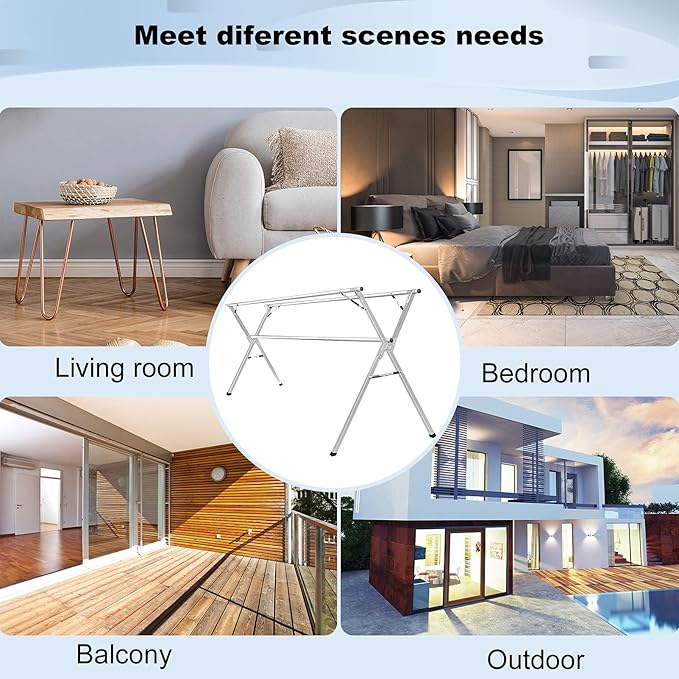 Sillars Clothes Drying Rack, 79 inches Laundry Drying Rack Clothing Foldable & Collapsible Stainless Steel Heavy Duty Clothing Drying Rack with Windproof Hooks for Indoor Outdoor