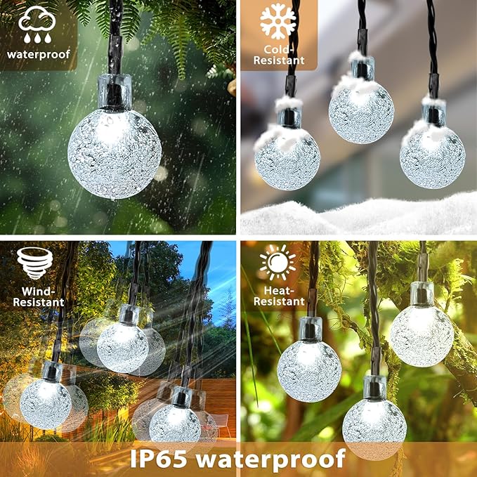 Outdoor Solar String Lights, 2x46FT 66LED 8Modes Crystal Solar Powered Christmas Fairy String Lights Waterproof for Outside Yard Fence Easter Holiday Party Garden Decor 2Pack(Pure White)
