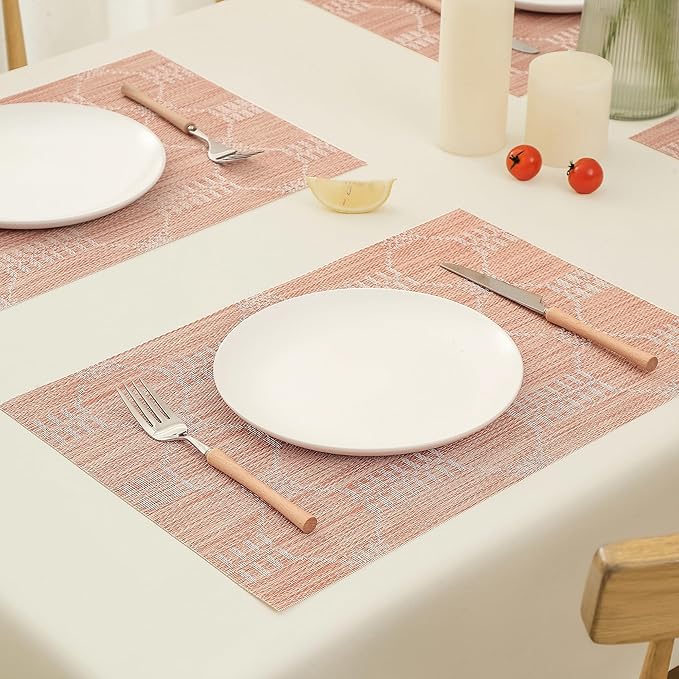 Leetaltree Coral Placemats Set of 12 - Heat Resistant Non-Slip Place mats for Dining Table, Washable Durable PVC Vinyl Woven Table Mats（Coral, 12）