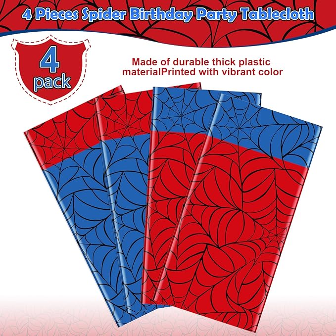 4Pcs Spider Web Themed Birthday Party Tablecloths Decorations,Mix Blue and Red Hero Plastic Table Cover Disposable Rectangle Table Cloth for Baby Shower Kids Boys Birthday Party Supplies,54x108 Inch
