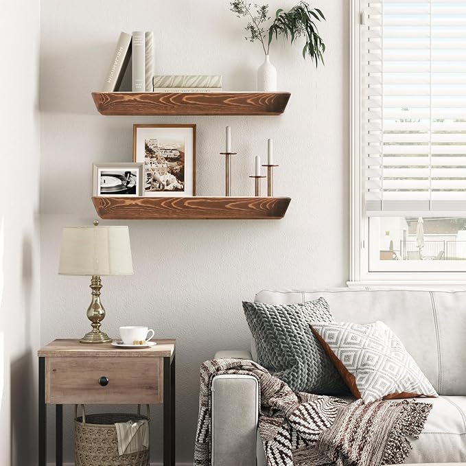 16"x6.8"x1.6" Slanted Floating Wall Shelves 2-Pack - Rustic Brown Finish, Heavy-Duty Solid Wood Design with Hidden Brackets - Perfect for Living Room, Kitchen, Bathroom, or Office