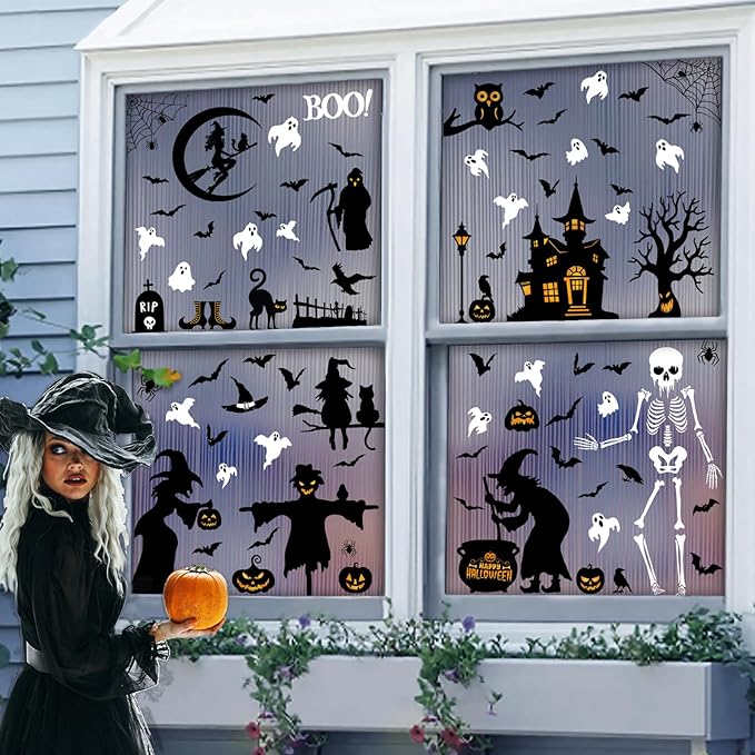 150 Pcs Halloween Window Clings Bats Witches with Cauldron Halloween Window Decoration | Large-Size Double-Side Skeletons Windo Clings Hallowee Party Decoration Reusable & Removable